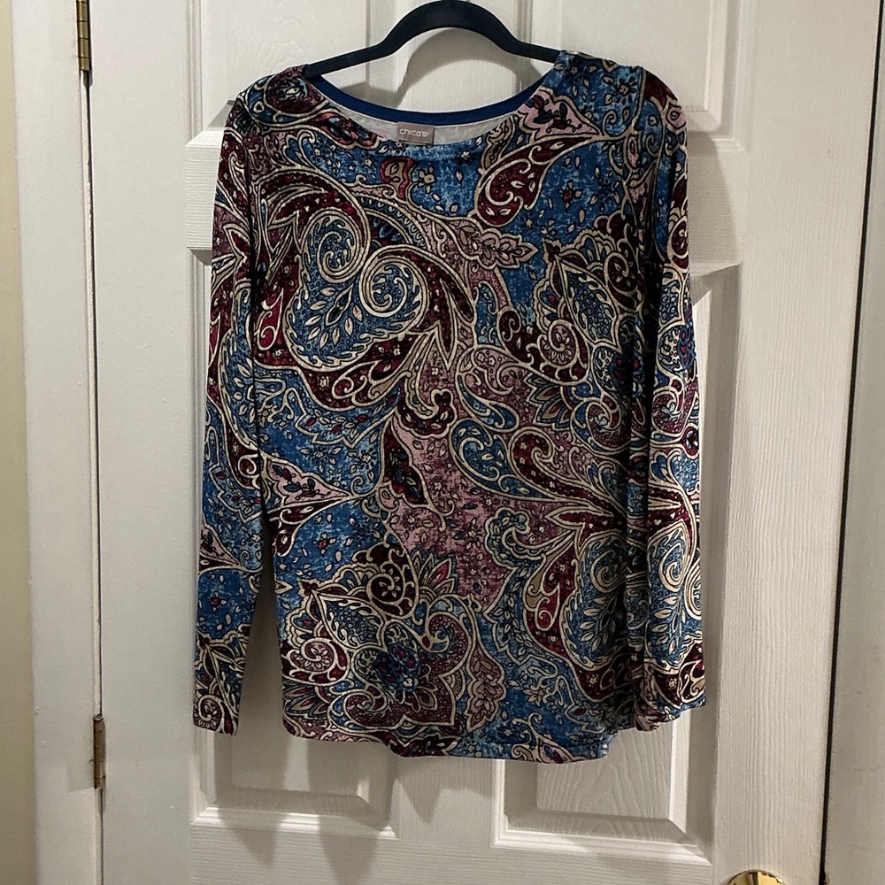 Chico's Elegant Paisley Long Sleeve Top Blue, Burgundy, Beige Size 1 or Size 12